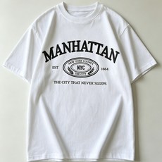 남녀공용 "MANHATTAN NYC" 컬리지 프린트 200G 면 반팔티셔츠 라운드넥 오버핏 빅사이즈 루즈핏 썸머 통기성 베이직 무지반팔티