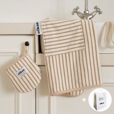 오이코스 스트라이프 앞치마+주방장갑(1p) 세트 - 국산 / 예쁜 디자인 / 주방 카페용 미니 에이프런 / 패브릭장갑, 베이지, 1개