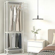 더디테일 행거 이동식 2단 스탠드 행거 옷과 바지 일체형 수납 행거 침실 발코니용 의류 수납 스탠드, 화이트
