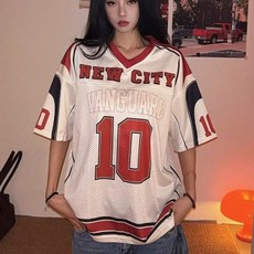 루즈핏 캐주얼 티셔츠 힙합 복고 재즈 배색 반팔 티셔츠 알파벳 프린트 야구 티셔츠 스포츠 티셔츠(통기성이 좋고 개성 있는 스타일을 보여줄 수 있음)