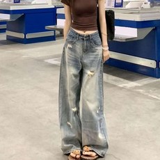 MOSAIRATION아메리칸 찢청 여성용 고급스러운 하이웨스트 데님 팬츠 봄 가을 캐주얼 바지 일자바지 Z18