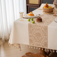 유럽의 고급 방수 및 얼룩 방지면과 린넨 자카드 태슬 테이블보, 1개, 140×220cm, 부케 리본 - 샴페인