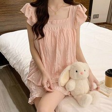 야오야오 여성용 캡내장 부드러운 프릴 나시 투피스 잠옷 세트