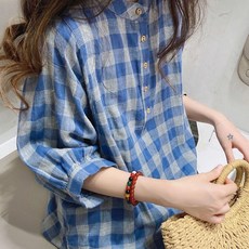 여름 여성 린넨 느낌 체크 셔츠 7부소매 루즈핏 데일리 블라우스