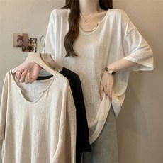 1+1+1세트 여성 플러스사이즈 아이스 쿨링 후드 티셔츠 크링클 소재 루즈핏 슬림핏 실루엣으로 체형 커버와 여름철 시원함 반팔 후드티