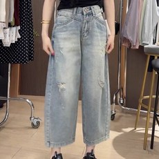 QEWBG 빅사이즈 여성 디스트로이드 배기핏 데님 8부 하이웨스트 팬츠