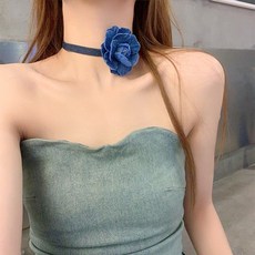 일호장신구 데님 장미 초커 목걸이 코사지 발레코어 프렌치스타일 키치한 힙한 짧은목걸이