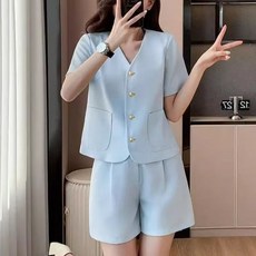 삼제태전 여름 여성 반팔 자켓 반바지 투피스 세트 가벼운 세미정장 셋업 시원한 데일리 오피스룩 하객룩 코디