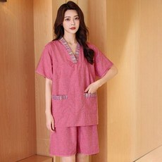 지존보 남녀공용 사우나 찜질복 마사지복 세트 전통 스타일 면마 혼방 편안한 브이넥 디자인