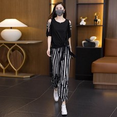 夏休閒運動套裝女 新款時尚露肩不規則上衣兩件套 短袖 長褲 a0166
