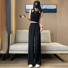 韓版鬆緊高腰垂感直筒寬褲 女裝