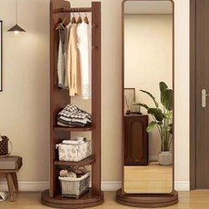 BYOU 다용도 회전식 전신거울 옷걸이행거 2단 수납 행거 1680, 호두색