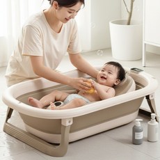 토몽 온도감지 접이식 유아 아기 욕조 + 등받이 세트 디지털 온도계, 브라운