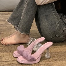 여성용 여름 스퀘어토 섹시 힐 투명 스트랩 가보시 샌들 힐 7cm