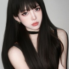 CIVILEE 여성 가발 전체가발 롱 자연스러운 에어뱅 볼륨감 데일리 통가발, 1개, 블랙