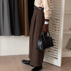 [#sml#울함유#벨트포함]가을 겨울 여성 핀턱 와이드 울 슬랙스