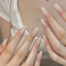 밀크빛 실크 누드 화이트 그라데이션 아몬드 네일팁 붙인는 젤네일팁 웨딩 드레스, 1개, T-139
