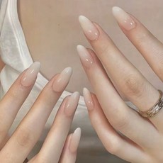 밀크빛 실크 누드 화이트 그라데이션 아몬드 네일팁 붙인는 젤네일팁 웨딩 드레스, 2개, T-139