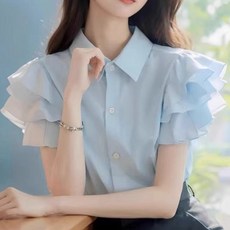 쁘띠꼬모 여성 캐주얼룩 예쁜 쉬폰 블라우스 블루 프릴 반팔셔츠 W541705