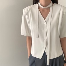 체인지쉬(change she)여성 브이넥 벨티드 정장핏 반팔 자켓 심플 블라우스