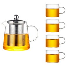 Qiaokao 유리 티포트 세트, 클리어, 찻주전자 +찻잔 4개입, 1세트