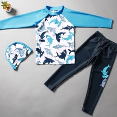 샤크 래쉬가드+워터레깅스+수영모 세트