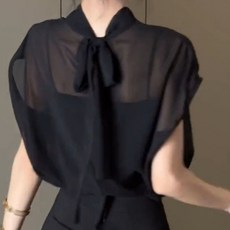 해피유통여성 여름 쉬폰 리본넥 민소매 블라우스 뒷면 시스루 디테일 루즈핏 상의XG03
