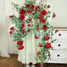 osshop 장미 조화 넝쿨 행잉 가랜드 인테리어 장식, 장미넝쿨 175cm - 레드