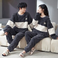 FvaBzon 커플 잠옷 세트 겨울 가을 두꺼운 보온 플란넬 남녀공용 실내복