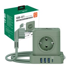 빠른배송 20W 고속충전 큐브멀티탭 비오스홈 QB-01 5구 고용량 4000W 큐브 스위치 멀티탭(USB C타입 충전지원), 그린, 1개, 1.8m