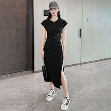 韓版顯瘦開叉長版短袖洋裝