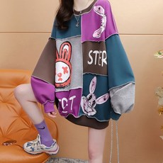 100kg까지 빅사이즈 여성 이어붙이다 프린팅 하프 맨투맨 긴팔티 가을 겨울 편한 캐릭터 귀여운 아트웍 배색 토끼 폼폼 입체 패션 포인트 외출용 긴팔 박스 상의 이쁜곳 풀오버