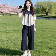 여성투피스 반팔셔츠 + 여름바지 긴바지 블라우스 캐주얼투피스 퍼프슬리브 버튼 와이드팬츠 데일리룩 ZBW051213 40