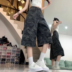 타임퓨어 여성용 카무플라주 7부 반바지 루즈핏 하이웨스트 카고 청바지 데님 팬츠 데일리 핀턱 와이드 워싱 데님 버뮤다팬츠 청반바지