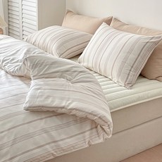 KURUA 스트라이프 고밀도 먼지없는 사계절 부드러운 워싱 차렵이불 세트, 화이트 이불+패드+베개커버 세트 슈퍼싱글, 이불+패드+베개커버 세트, 화이트 화이트 이불+패드+베개커버 세트 슈퍼싱글, 이불+패드+베개커버 세트, 화이트