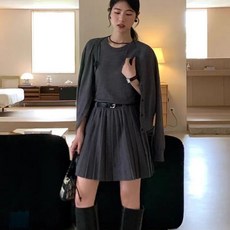 Blissz 봄 여성 니트 카디건 나시 플리츠 원피스 투피스 여성 프렌치룩 디자인 슬림핏