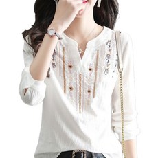 Makone 여성 브이넥 셔츠 트랜드 에스닉 남방 블라우스 심플 단추 포인트