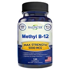 메틸코발라민(메틸 B-12)이 함유된 비타민 B12-5000 MCG 보충제 - 최대 강도의 비타민 B 12 지원으로 자연 에너지를 강화하고 뇌와 심장 기능에 도움이 됩니다., 60캡슐, 1개, 60정