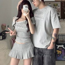 해피유통 커플룩 스포티 스타일 반팔 티셔츠 스커트 셋트 여름 커플 코디 LWJ