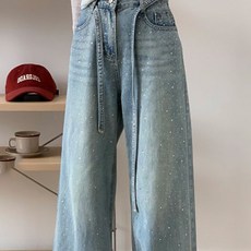AOKADA 여성 와이드 데님 팬츠 스팽글 드롭핏 일자 통 청바지
