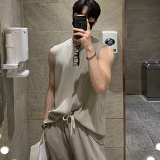 ANYOU 2장세트 나시+슬랙스 남성용 오버핏 헬스 민소매 티셔츠