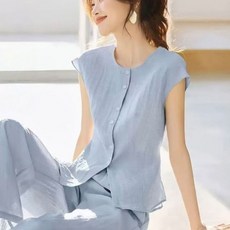 지고다그 여성용 여름용 민소매 셔츠 세트 하의 와이드팬츠 투피스 캐주얼 통기성 편한 코디룩 ZK6059