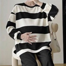 임산부 세트 캐주얼 봄 가을 임부복 스트라이프 라운드 맨투맨 하이웨이스트 와이드 팬츠 상하 투피스 세트 CY