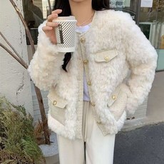 러우 누빔안감 여성 트위드 뽀글이 라운드넥 자켓