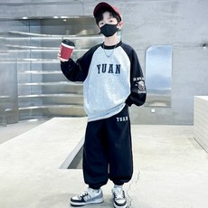 비비키드 남아 봄 가을 YUAN 영문 프린팅 배색 맨투맨 상하복 주니어 세트 초중생 긴팔티 초등생 긴바지 세트 (6706)
