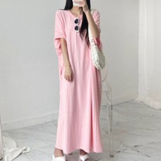 왕박시 [~4XL] 국산 빅사이즈 오버핏 가오리 포켓 반팔 면 롱 원피스