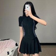 韓版運動風收腰顯瘦連身泳衣 帶胸墊 連身裙 吊帶裙 女裝, 黑色灰條