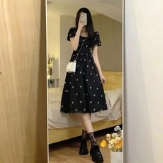 투니스 여성 스퀘어넥 프린팅 미디 반소매 원피스