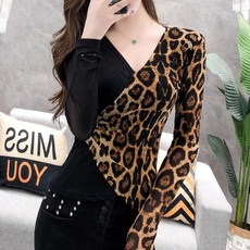 쌍천 여성 호피 레오파드 긴팔 사선 밸리 라틴 사교 댄스복 스포츠댄스복 상의 공연복 A25092410