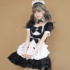 蘿莉塔套裝 可愛女僕角色扮演服裝 蕾絲花邊設計 派對活動攝影適用, 黑, 1套